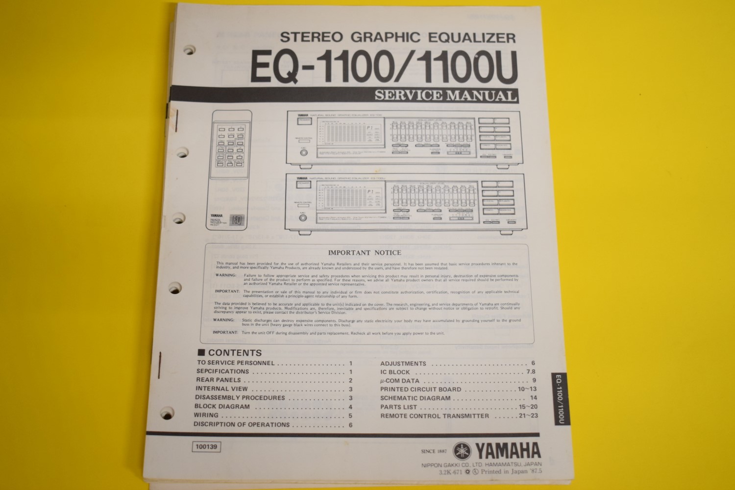 Yamaha EQ-1100/EQ-1100U Equalizer Service Manual  			